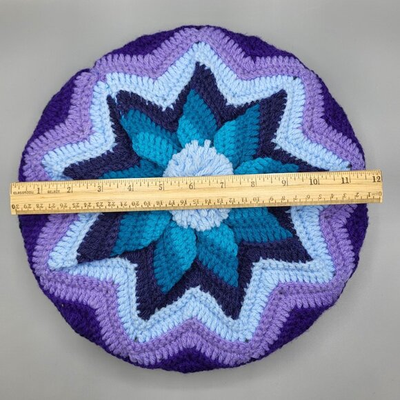 Vtg Crochet Round Granny Throw Pillow Navy Blue Purple Yarn Ruffled Handmade - Picture 10 of 11